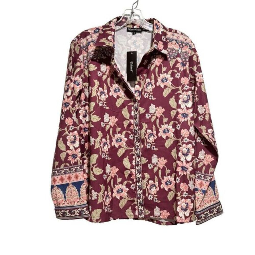 NWT Tolani Collection Womens Floral Shirt Maroon XS Button Up Spread Collared